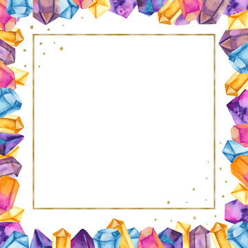 Watercolor crystals in a golden square frame. Illustration of colored gems hand-painted. Great for invitations, cards, business cards, greeting cards, weddings.