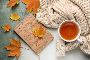 Fototapeta na wymiar Composition with cup of aromatic tea, warm sweater, book and autumn leaves on color background