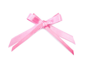 Beautiful bow made of pink ribbon on white background