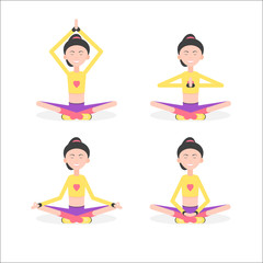 Woman in poses for meditation. Set girl in yoga pose padmasana with different position of arms. Vector illustration in flat style isolated on white background