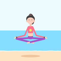 Woman livetirut in a lotus pose on the beach. Concept of meditation, the health benefits for the body, mind and emotions. Vector illustration in trendy flat style