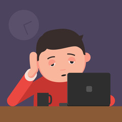 Sleepy man working on a laptop. Worker falls asleep at work on the computer. Vector illustration in flat style