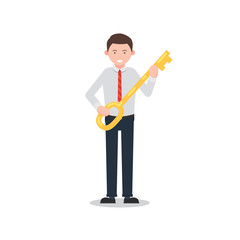 Businessman holding a large gold key. The concept of opening a business, the path to success, startup. Vector illustration in flat style isolated on white background