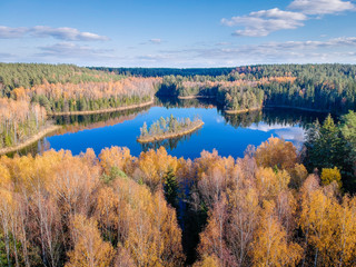 Fototapeta na wymiar The lake Glubelka in Belarus. Autumn. Drone HDR-photo