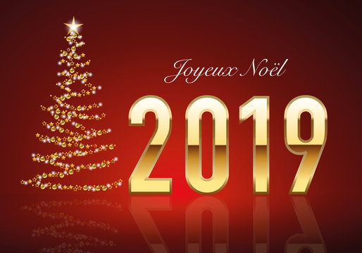 Classique carte de vœux 2019 avec le traditionnelle sapin de noël, fait avec une guirlande dorée pour souhaiter un joyeux noël.