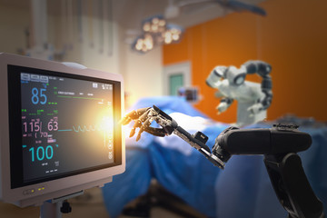 smart medical technology concept,advanced robotic surgery machine at Hospital, robotic surgery are precision, miniaturisation, smaller incisions, decreased blood loss, less pain,  quick healing time