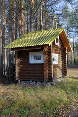 Fototapeta na wymiar Small residential house stands on the edge of the forest in autumn 