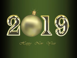 Happy New Year 2019 Greeting Card - Golden Shiny Numbers on Dark Background , Illustration