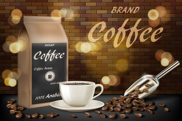 coffee cup with beans ads. 3d illustration of hot arabica coffee mug. Product paper bag package design with brick background. Vector