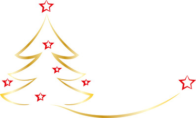Frohe Weihnachten, xmas, x mas, Weihnachtsbaum in Gold mit roten Sternen, Kalligrafie, Silhouette weihnachtlicher Tannenbaum 