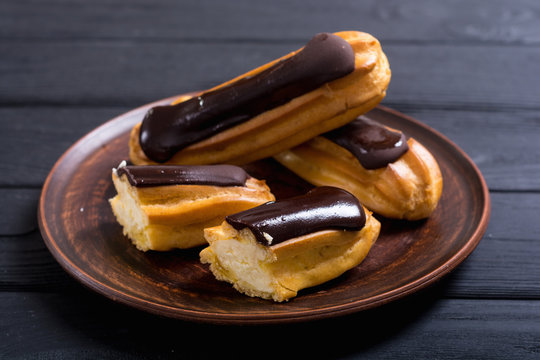 French dessert eclair with chocolate .