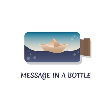 Origami paper ship in the bottle. Illustration of a paper boat floating on the waves in the bottle with a cork