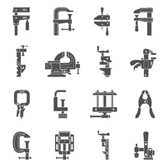 Black icons - Sixteen different types of clamps and vises