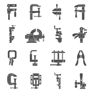Black icons - Sixteen different types of clamps and vises