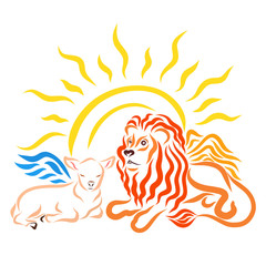 Winged lamb next to winged lion and shining sun