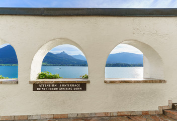 Scenery of Lake Wolfgang in the morning framing by wall of The Pilgrimage Church, St. Wolfgang im Salzkammergut , Austria