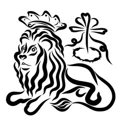 Royal lion in the crown, cross, crown of thorns and heart