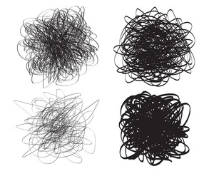 Hand drawn backgrounds with tangled lines. Chaos on white. Scrawl sketch. Intricate chaotic textures. Universal patterns. Art creation. Black and white illustration