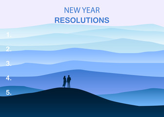 New years resolution in the new year, men and women are standing on the hill looking into new perspectives next year, minimalist landscape, vector, illustration, banner, poster