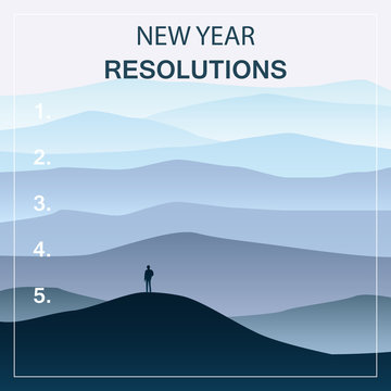 New years resolution in the new year, men standing on the hill looking into new perspectives next year, minimalist landscape, vector, illustration, banner, poster