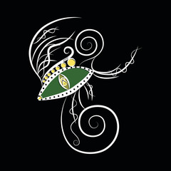 White outline of a dynamic fantasy clip art of a green and yellow eyed monster looking straight at the viewer with a single eye with swirly eyelashes on black background