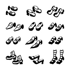 Hand drawn graphic set of the traditional stylized shoes. Vector illustration.
