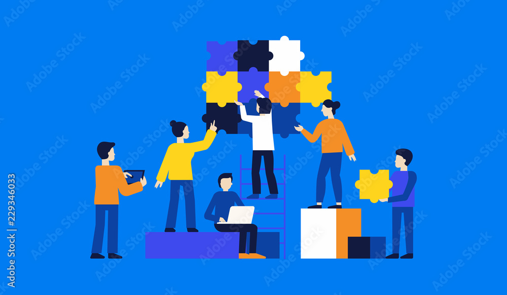 Poster vector illustration in simple flat style - teamwork and development concept - people holding puzzle 