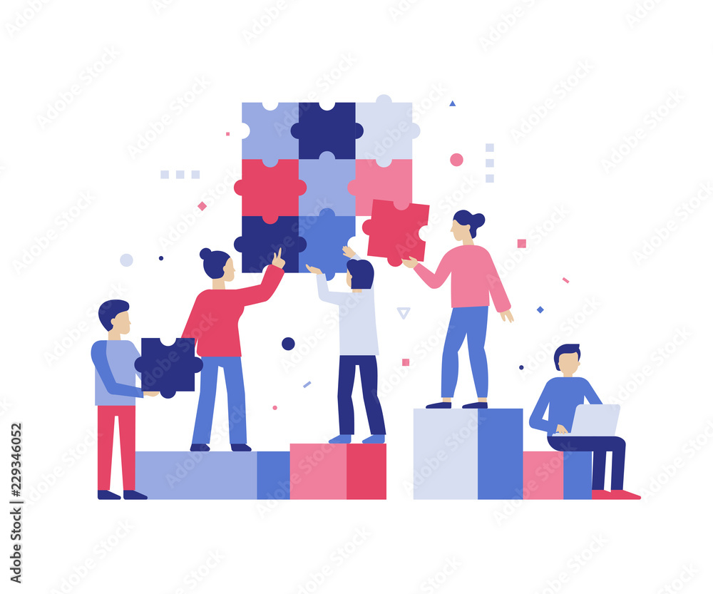 Poster vector illustration in simple flat style - teamwork and development concept - people holding puzzle 