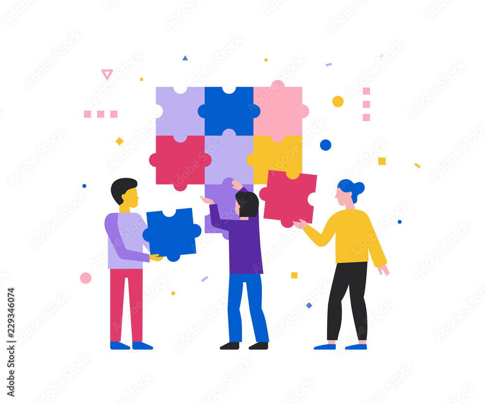 Poster vector illustration in simple flat style - teamwork and development concept - people holding puzzle 