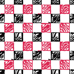 Seamless pattern of the stylized black and red squares on a white background. Vector illustration.