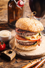 Hamburger and dark beer