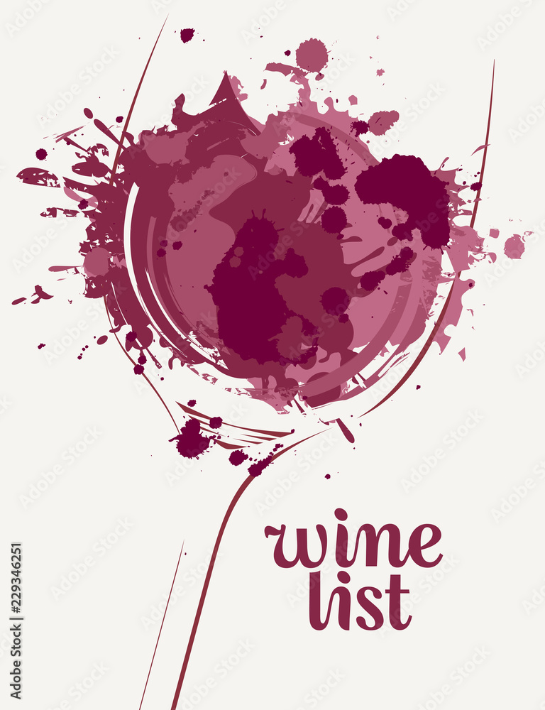 Poster vector wine list with a silhouette of a glass of wine with wine spots and splashes on light backgrou
