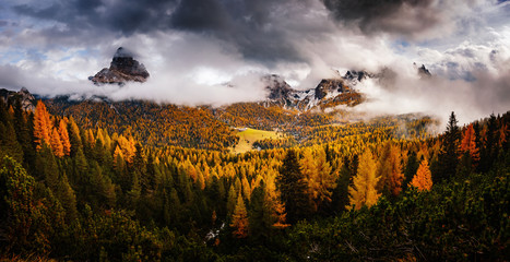 Stunning image of the alpine valley. Location place National Park Tre Cime di Lavaredo, South Tyrol.