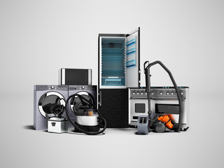 Household appliances group of vacuum cleaners refrigerator microwave washing machine washing machine gas stove 3d render on gray background with shadow