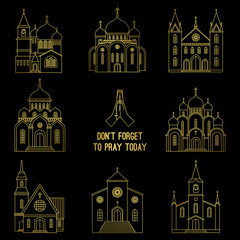 Gold line christian church icons and praying hands with prayer beads vector isolated on white background