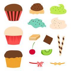 Cupcake makers set. Elements of cupcakes isolated on white background, vector illustration