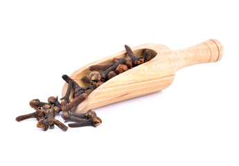 Spice cloves in wooden spoon on white background