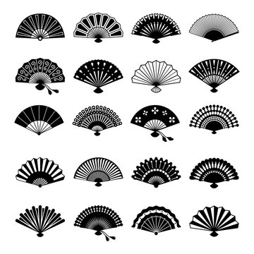 Oriental fans silhouettes. Vector chinese or japanese paper fan symbols isolated on white background