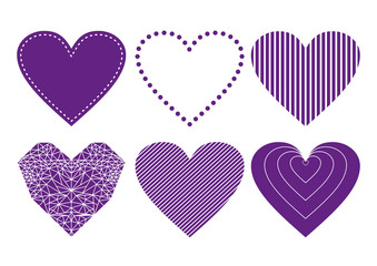 Ultra violet Heart Icons Set, ideal for valentines day and wedding. Vector illustration isolated on white. 