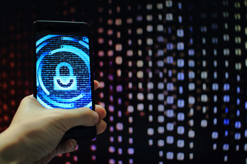 protected in stream of data flow. padlock icon symbolise security and motion movement of binary code computer data moving in the background. light of blue colour in dark background.