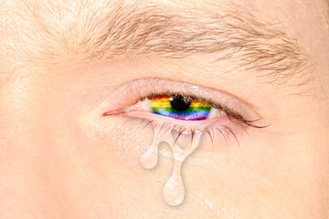 Crying eye with rainbow flag iris on color face. Concept of sadness and pain for the homosexual discrimination. Flag symbol of pride and freedom LGBT.