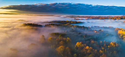 Fototapeta na wymiar Aerial panoramic view of fog at Autumn, Lithuania