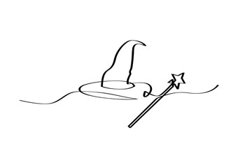 Simple art line of Halloween. Witch's hat and magic wand. Vector illustration