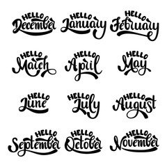A set of month names. Hello January, February, March, April, May, June, July, August, September, October, November, December.  Handwritten Lettering. Text. Modern Calligraphy. Vector.