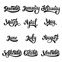 A set of month names. January, February, March, April, May, June, July, August, September, October, November, December. Handwritten Lettering. Text. Modern Calligraphy. Vector.