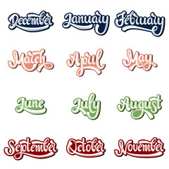A set of month names. January, February, March, April, May, June, July, August, September, October, November, December. Handwritten Lettering. Text. Modern Calligraphy. Vector.