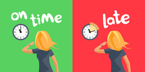 Comparing person being on time and running late. Young hurrying blonde woman with wristwatch watching on wall clock showing delay. Cartoon vector illustration on green red background. Late to work.