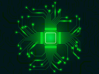 CPU chip with bright connections. Green microprocessor. Abstract light technological backdrop. Glowing motherboard elements. Vector illustration