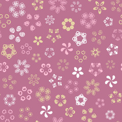 Fototapeta na wymiar Pink seamless pattern with gold, white, pink flowers.