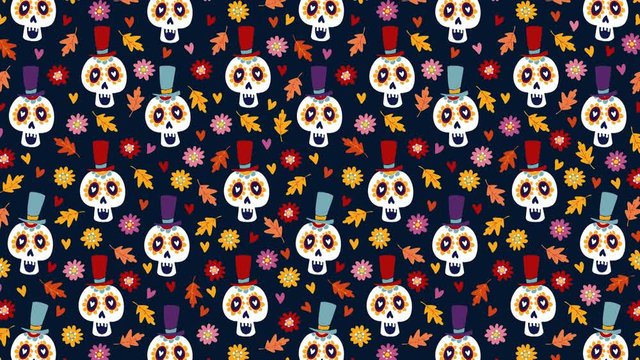 Dia de los Muertos or Halloween seamless animation of hand drawn pattern. Mexican Day of the Dead. Decorative sugar skulls, colorful autumn leaves and mums flowers. Loopable HD footage.